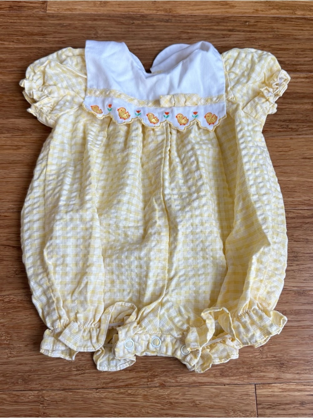 VINTAGE BABY TOGS Yellow Cottagecore Gingham Baby Bib Collar Bubble Romper